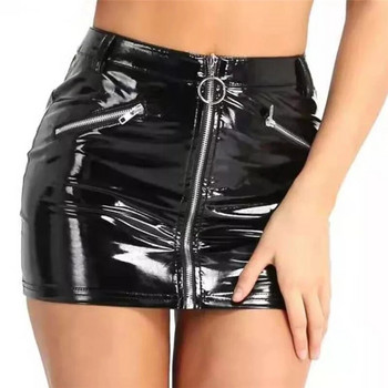 Γυναικεία σέξι λουστρίνι κοντή φούστα Τύπος φερμουάρ Ανοιγόμενη τσάντα καβάλου Hip φούστα Glossy Shaping Street Party Club Mini φούστες