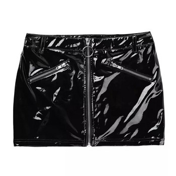 Γυναικεία σέξι λουστρίνι κοντή φούστα Τύπος φερμουάρ Ανοιγόμενη τσάντα καβάλου Hip φούστα Glossy Shaping Street Party Club Mini φούστες