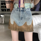 Tavaszi nyár varrás bőr egyéniség Retro bojtmintás A vonalú csípő miniszoknya női magas derekú lány rövid farmer szoknyák