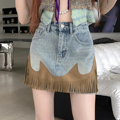 Tavaszi nyár varrás bőr egyéniség Retro bojtmintás A vonalú csípő miniszoknya női magas derekú lány rövid farmer szoknyák