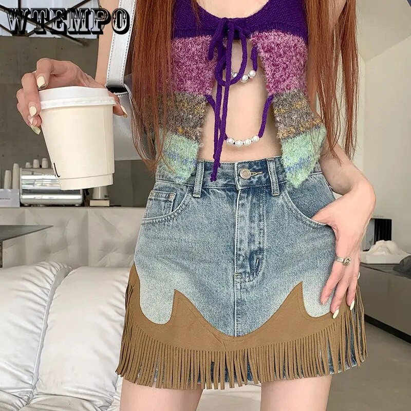 Tavaszi nyár varrás bőr egyéniség Retro bojtmintás A vonalú csípő miniszoknya női magas derekú lány rövid farmer szoknyák