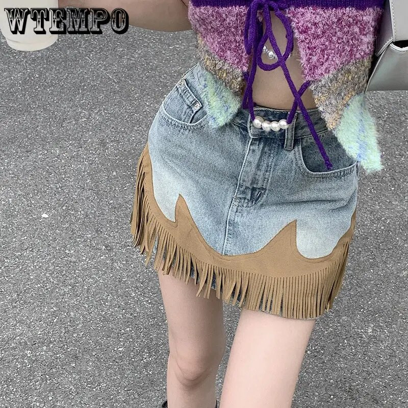 Tavaszi nyár varrás bőr egyéniség Retro bojtmintás A vonalú csípő miniszoknya női magas derekú lány rövid farmer szoknyák