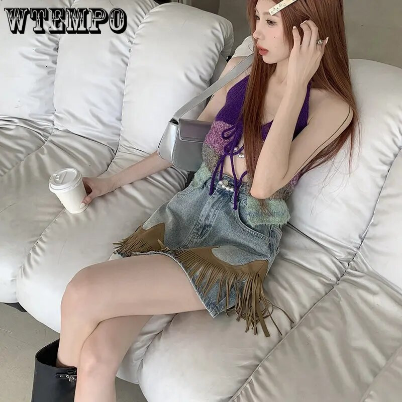 Tavaszi nyár varrás bőr egyéniség Retro bojtmintás A vonalú csípő miniszoknya női magas derekú lány rövid farmer szoknyák