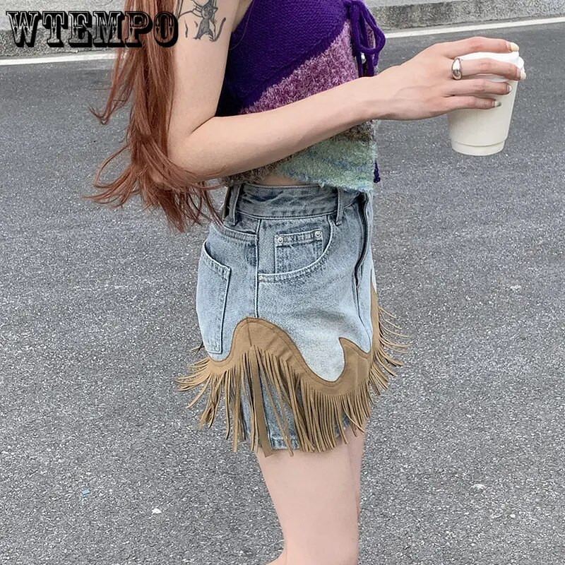 Tavaszi nyár varrás bőr egyéniség Retro bojtmintás A vonalú csípő miniszoknya női magas derekú lány rövid farmer szoknyák