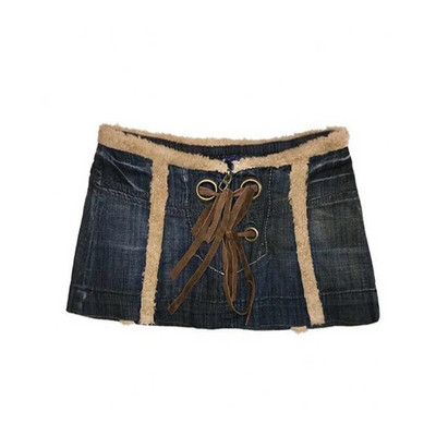 Fusta de blugi Xingqing y2k anii 2000 estetică femei vintage cu talie joasă cu ochiuri încrucișate cu patchwork fustă scurtă de blugi Streetwear