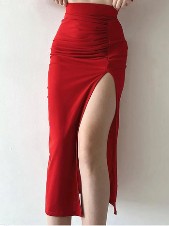 HOUZHOU Секси дълга пола с висока цепка, обтягаща дамска елегантна модна гънки с висока талия, плътна пола тип молив Парти нощен клуб