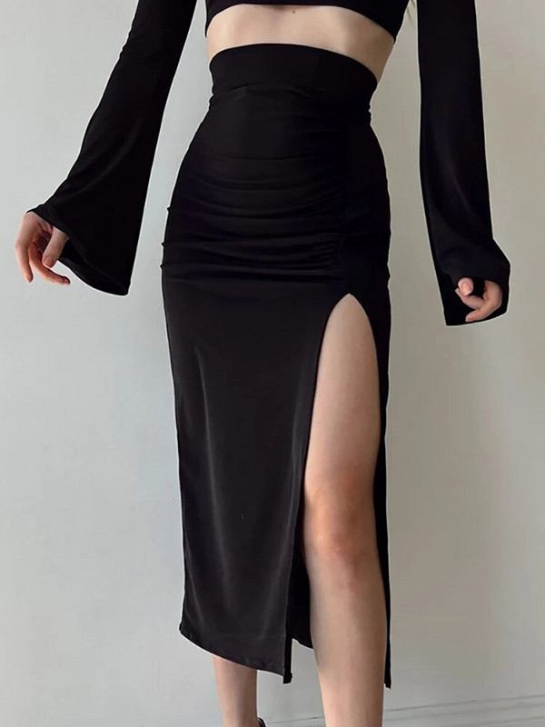HOUZHOU Seksi visoka dugačka suknja s dugim krojem Ženska elegantna modna nabora visokog struka Jednobojna pencil suknja Outfit za noćni klub za zabave