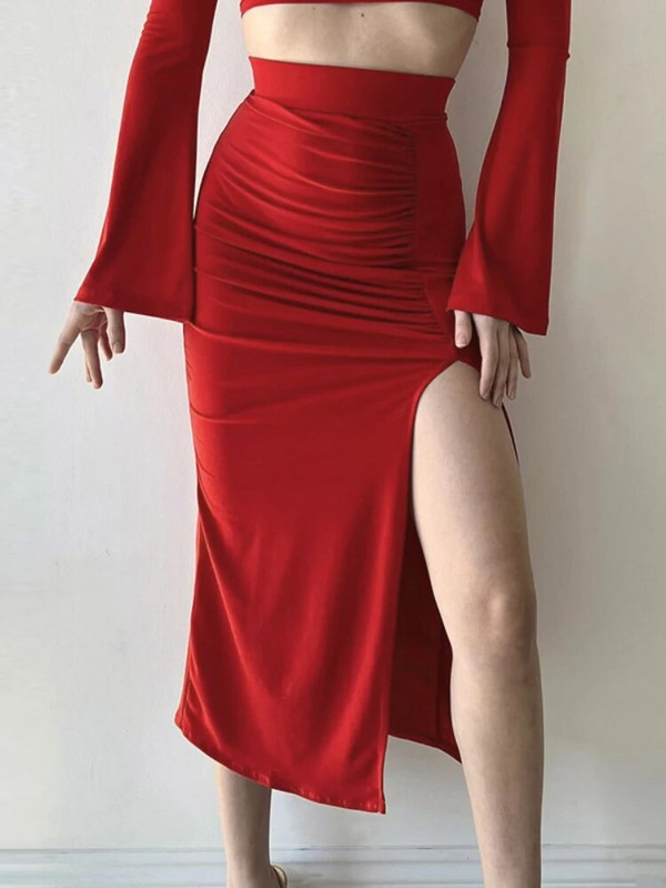 HOUZHOU Seksi visoka dugačka suknja s dugim krojem Ženska elegantna modna nabora visokog struka Jednobojna pencil suknja Outfit za noćni klub za zabave