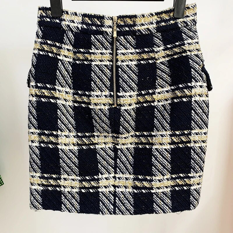 VISOKE KVALITETE, najnovije dizajnerske suknje iz 2024., ženska mini suknja s dugmadima u obliku lavova, karirana vunena tvida
