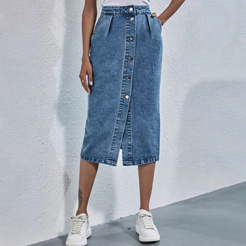 Μόδα Μονό στήθος τζιν φούστα μέχρι το γόνατο Γυναικεία streetwear casual τσέπη ίσια τζιν φούστα ψηλή μέση Νέα