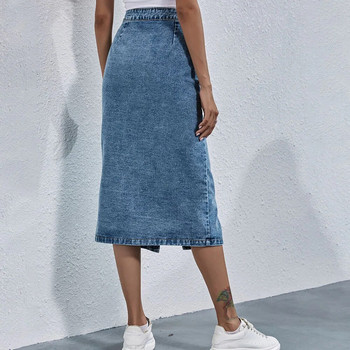 Μόδα Μονό στήθος τζιν φούστα μέχρι το γόνατο Γυναικεία streetwear casual τσέπη ίσια τζιν φούστα ψηλή μέση Νέα