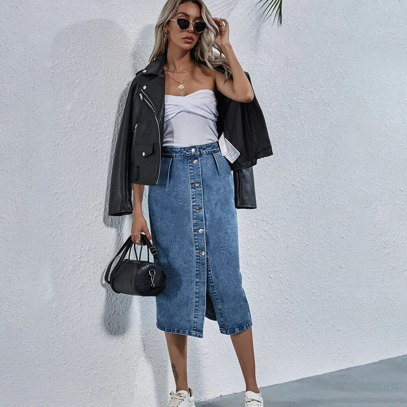 Fusta de blugi cu un singur piept, până la genunchi, îmbrăcăminte de stradă, ocazional, cu buzunar, cu talie înaltă, cu blugi drepte.