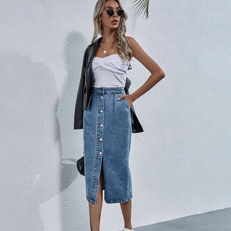 Fusta de blugi cu un singur piept, până la genunchi, îmbrăcăminte de stradă, ocazional, cu buzunar, cu talie înaltă, cu blugi drepte.