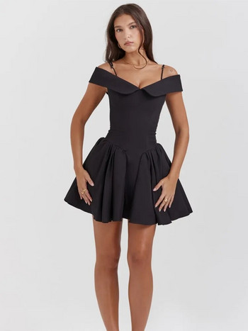 Κομψό Γυναικείο Μίνι Γυναικείο Φόρεμα σε Α γραμμή Μαύρο Πλισέ Φόρεμα Γυναικείο Slim Off Shoulder Sling 2023 Sweet Solid Party Club Ρόμπες Γυναικεία