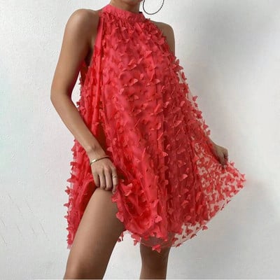 Rochie de petrecere de seară pentru femei, cu aplicații de fluture, suprapunere din plasă, rochie fără mâneci, cu gât, rochie mini de cocktail de vară 2024 Rochii