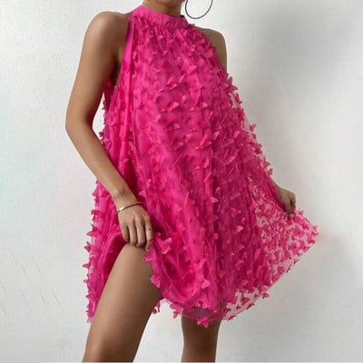 Rochie de petrecere de seară pentru femei, cu aplicații de fluture, suprapunere din plasă, rochie fără mâneci, cu gât, rochie mini de cocktail de vară 2024 Rochii