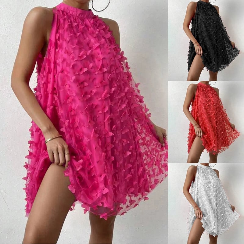 Rochie de petrecere de seară pentru femei, cu aplicații de fluture, suprapunere din plasă, rochie fără mâneci, cu gât, rochie mini de cocktail de vară 2024 Rochii