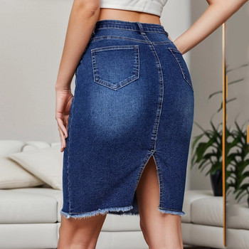 Μόδα τζιν φούστα με φούντα για γυναίκες 2023 Κλασικό ακανόνιστο σχέδιο Midi φούστες Streetwear με σχισμή πίσω αισθητική τζιν φούστες