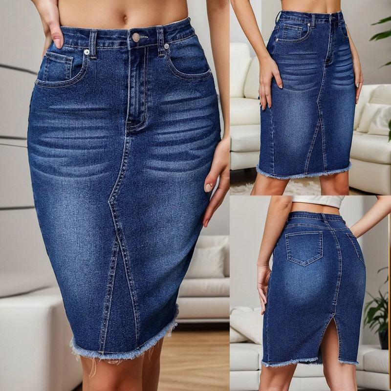 Fusta de blugi cu ciucuri de modă pentru femei 2023 Fuste midi clasice cu design neregulat Pantaloni de stradă cu fante din spate Fuste de blugi estetici