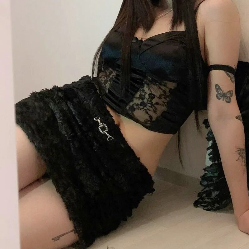 Xeemilo Y2K krznena metalna ukrasna suknja Estetska suknja s patentnim zatvaračem na leđima visokog struka, kratke suknje na bokovima, jesen, zima, uska, tanka mini haljina