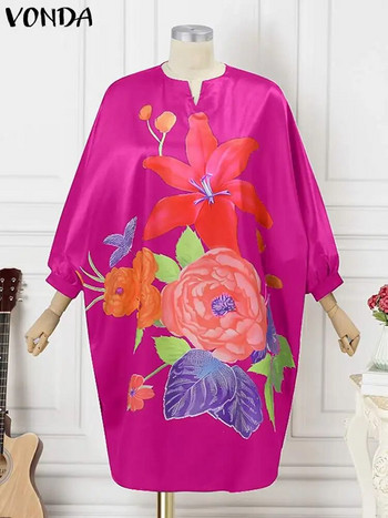 Плюс размер 5XL VONDA Дамски сарафан 2024 Есенна бохемска елегантна миди рокля с флорални щампи 3/4 ежедневни широки ретро халати с прилеп ръкав
