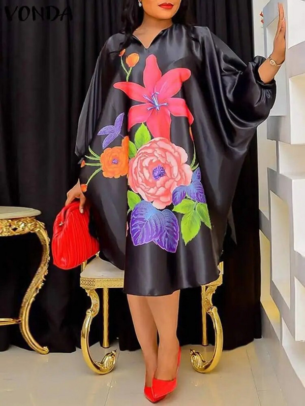 Plus veličina 5XL VONDA ženski sarafan, jesen 2024., boemska elegantna midi haljina s cvjetnim uzorkom, ležerna široka retro haljina 3/4 šišmiš rukava