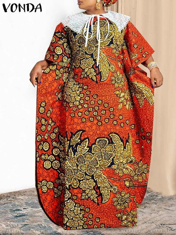 Plus veličina 5XL VONDA Ljetna maksi duga haljina Ženska boemska haljina s printom Kratkih rukava Čipkana patchwork ležerna široka haljina za zabavu
