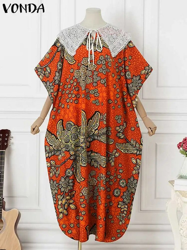 Plus veličina 5XL VONDA Ljetna maksi duga haljina Ženska boemska haljina s printom Kratkih rukava Čipkana patchwork ležerna široka haljina za zabavu