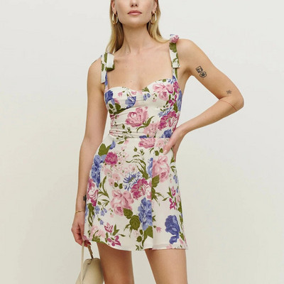Ljetne haljine za žene 2023. Mini haljina bez rukava s dugim izrezom i remenčićem s cvjetnim printom Ženska sarafana za odmor u stilu plaže