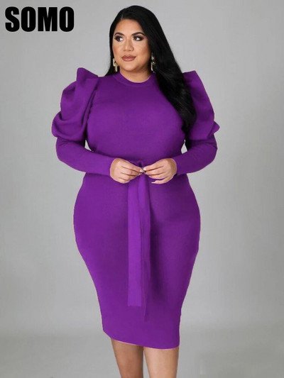 SOMO Plus Size Casual Color Commuter Medium Long Rochie Femei Maneca lunga Moda O-Gât Rochie subtire En-gros Dropshipping