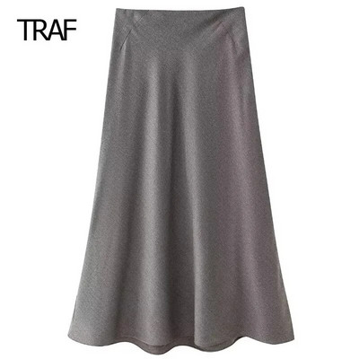 TRAF Fusta Midi Blended Fuste Femei Primavara Vara 2024 Fusta cu fermoar in spate cu talie mijlocie Nou in Fusta Fuste de designer Femei de lux