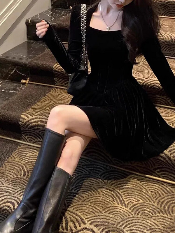 Elegantna ženska haljina dugih rukava Vintage haljina u francuskom stilu Tanka mini Fairycore Jednobojna slatka nova jesensko-zimska haljina 2023.