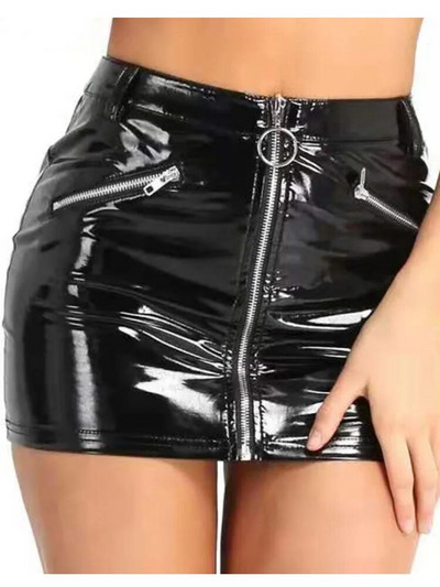 S-4XL cu talie înaltă cu aspect umed cu fermoar din PVC Fusta creion din piele PU strălucitoare Micro fuste mini Colanți Pachet sexy Faldas la șold Streetwear