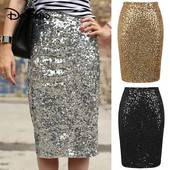 Fuste creion elastice pentru femei cu talie înaltă, aurii, argintii, până la genunchi, fustă midi, sexy, lucioasă, cu paiete