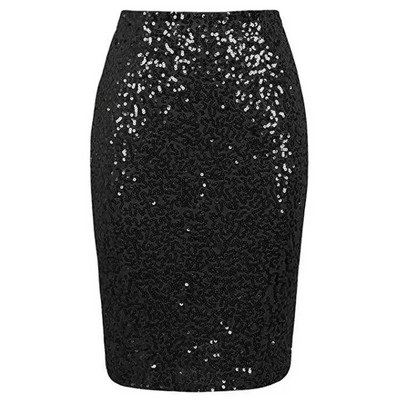 Fuste creion elastice pentru femei cu talie înaltă, aurii, argintii, până la genunchi, fustă midi, sexy, lucioasă, cu paiete