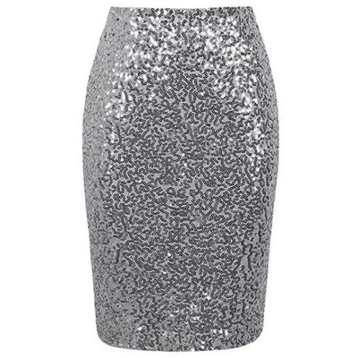 Fuste creion elastice pentru femei cu talie înaltă, aurii, argintii, până la genunchi, fustă midi, sexy, lucioasă, cu paiete