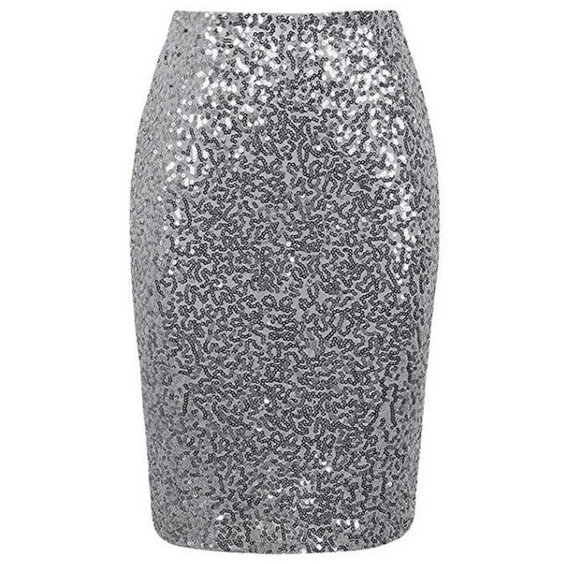 Fuste creion elastice pentru femei cu talie înaltă, aurii, argintii, până la genunchi, fustă midi, sexy, lucioasă, cu paiete