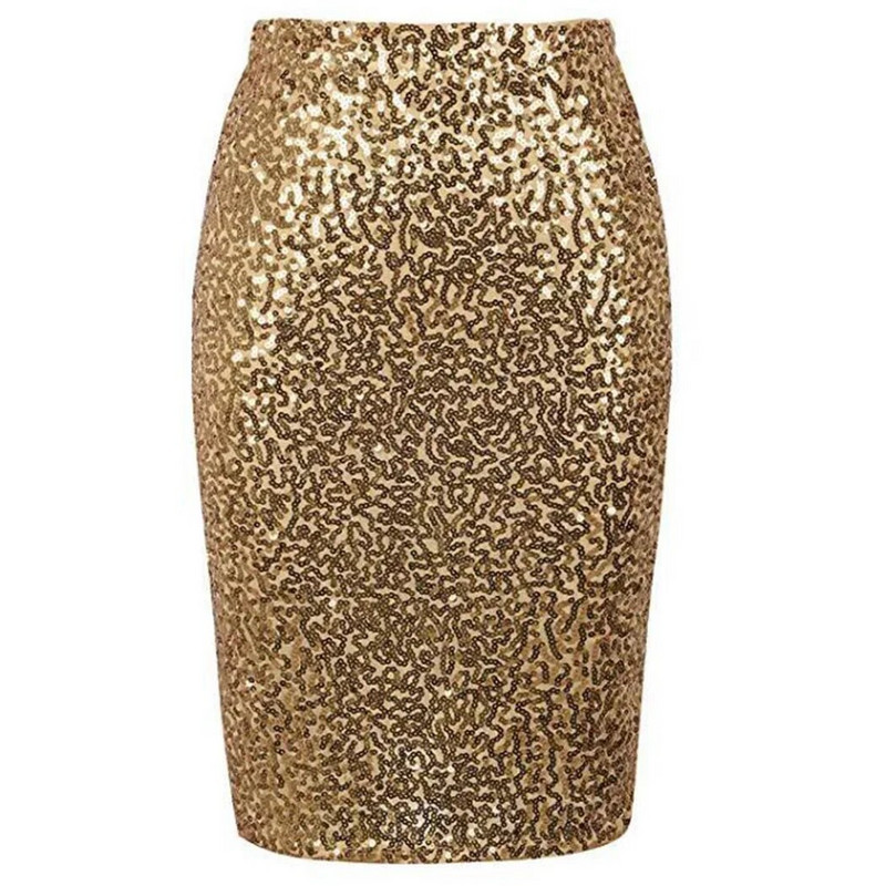 Fuste creion elastice pentru femei cu talie înaltă, aurii, argintii, până la genunchi, fustă midi, sexy, lucioasă, cu paiete