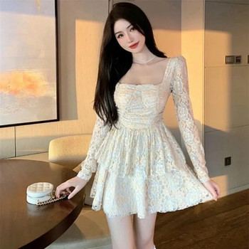 Gagarich Pure Lust Style Σέξι τετράγωνο λαιμόκοψη Κομψό κορεατικό φόρεμα δαντέλα Γυναικείο φθινόπωρο Χειμώνας Νέα μέση λεπτή αφράτη πριγκίπισσα Vestidos