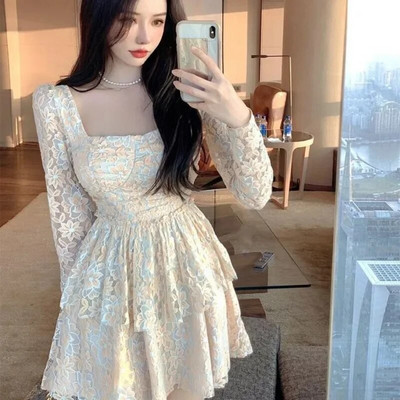 Gagarich Pure Lust Stils Sexy Square Kakls Eleganta korejiešu mežģīņu kleita sievietēm rudens ziema jauna viduklis slaida pūkaina princese Vestidos