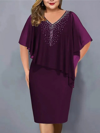 Rochie de vară din șifon, la modă de vară, de dimensiuni mari, cu diamante, rochie solidă, cu decolteu în V, cu mânecă scurtă, rochie elegantă, cu formă pentru navetiști.