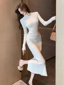 Jesen zima 2023. Jednobojna uska midi haljina za zabave dugih rukava za žene s polu visokim ovratnikom Elegantne pletene džemper haljine za žene Novo