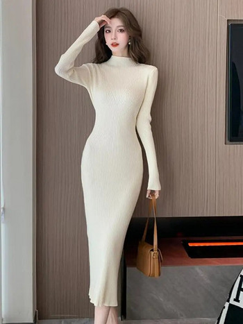 Φθινόπωρο Χειμώνας 2023 Μασίφ, λεπτό μακρυμάνικο φόρεμα πάρτι για γυναίκες με μισό ψηλό γιακά Κομψά πλεκτά γυναικεία πουλόβερ φορέματα καινούργια