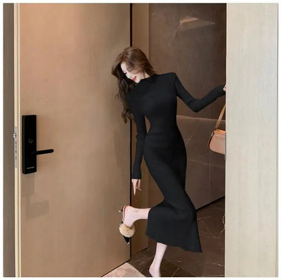Jesen zima 2023. Jednobojna uska midi haljina za zabave dugih rukava za žene s polu visokim ovratnikom Elegantne pletene džemper haljine za žene Novo