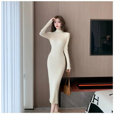 Jesen zima 2023. Jednobojna uska midi haljina za zabave dugih rukava za žene s polu visokim ovratnikom Elegantne pletene džemper haljine za žene Novo