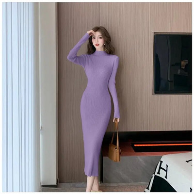 Jesen zima 2023. Jednobojna uska midi haljina za zabave dugih rukava za žene s polu visokim ovratnikom Elegantne pletene džemper haljine za žene Novo