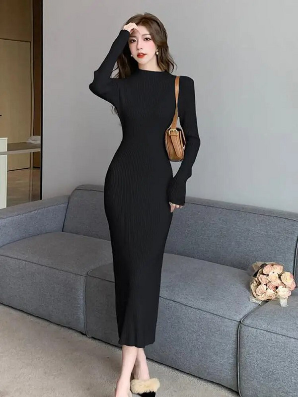 Jesen zima 2023. Jednobojna uska midi haljina za zabave dugih rukava za žene s polu visokim ovratnikom Elegantne pletene džemper haljine za žene Novo