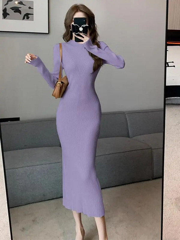 Jesen zima 2023. Jednobojna uska midi haljina za zabave dugih rukava za žene s polu visokim ovratnikom Elegantne pletene džemper haljine za žene Novo