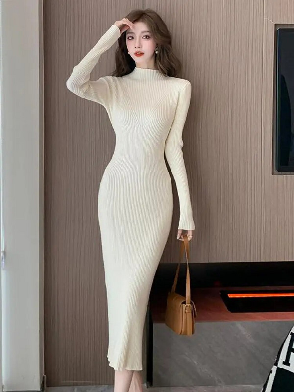 Jesen zima 2023. Jednobojna uska midi haljina za zabave dugih rukava za žene s polu visokim ovratnikom Elegantne pletene džemper haljine za žene Novo