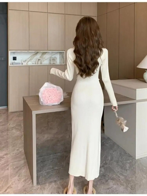 Jesen zima 2023. Jednobojna uska midi haljina za zabave dugih rukava za žene s polu visokim ovratnikom Elegantne pletene džemper haljine za žene Novo